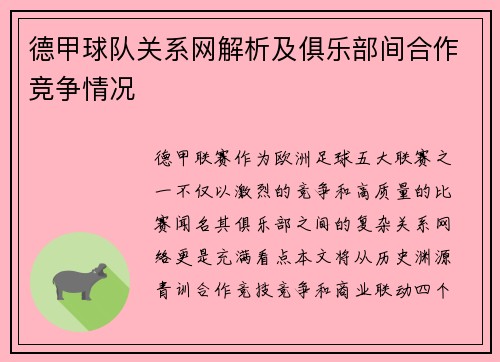 德甲球队关系网解析及俱乐部间合作竞争情况